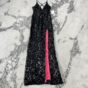 Pear Culture Size 0 Black Sequin Maxi Dress Pink Slit Formal Prom Evening NWT‎